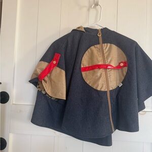 Kids Navy Blue and Gold Hooded Cape Jacket with Red Trim